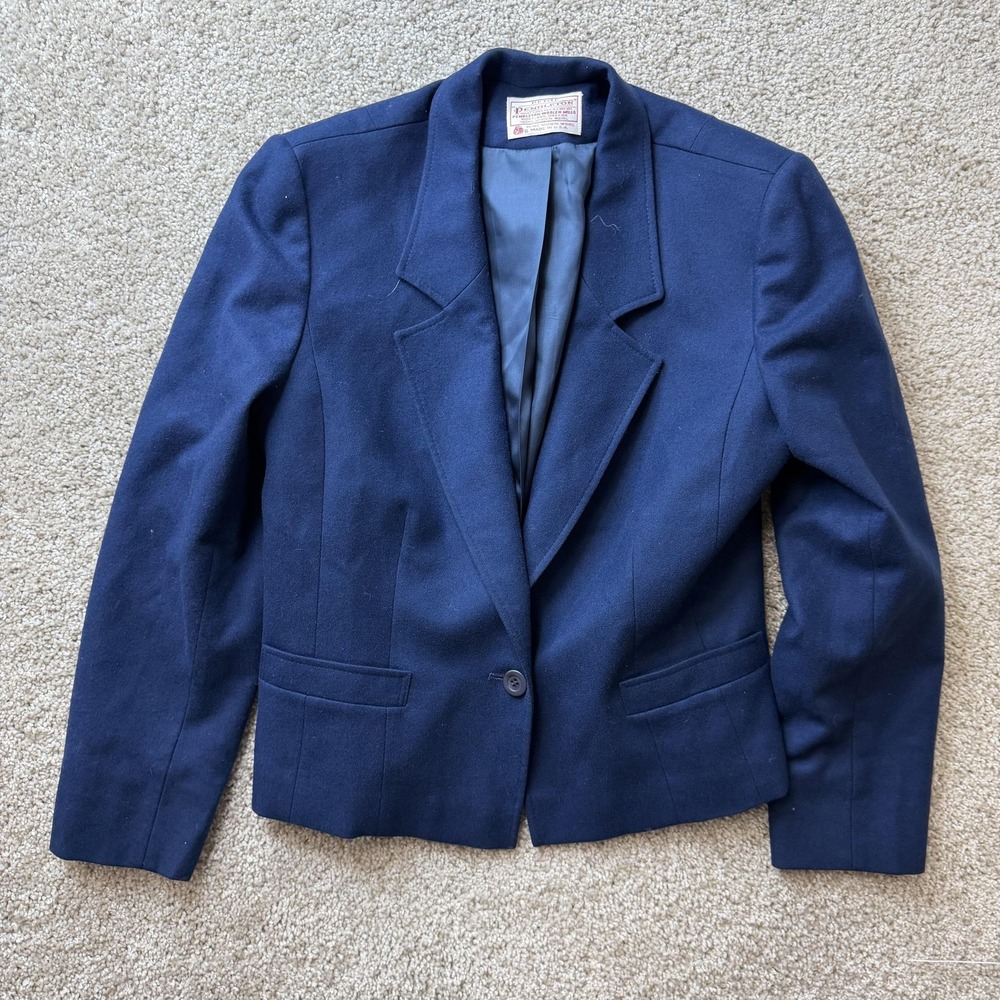 Vintage Pendleton Blazer Jacket Womens Petite Blue Wool One Button Lined USA